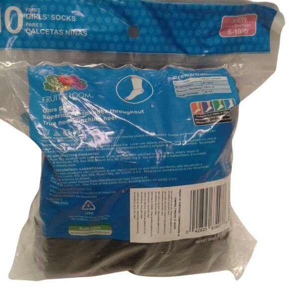 Fruit Of The Loom Size 6-10.5 Crew Socks Girls 10 Pack Black Ultra Soft NEW - Picture 5 of 6